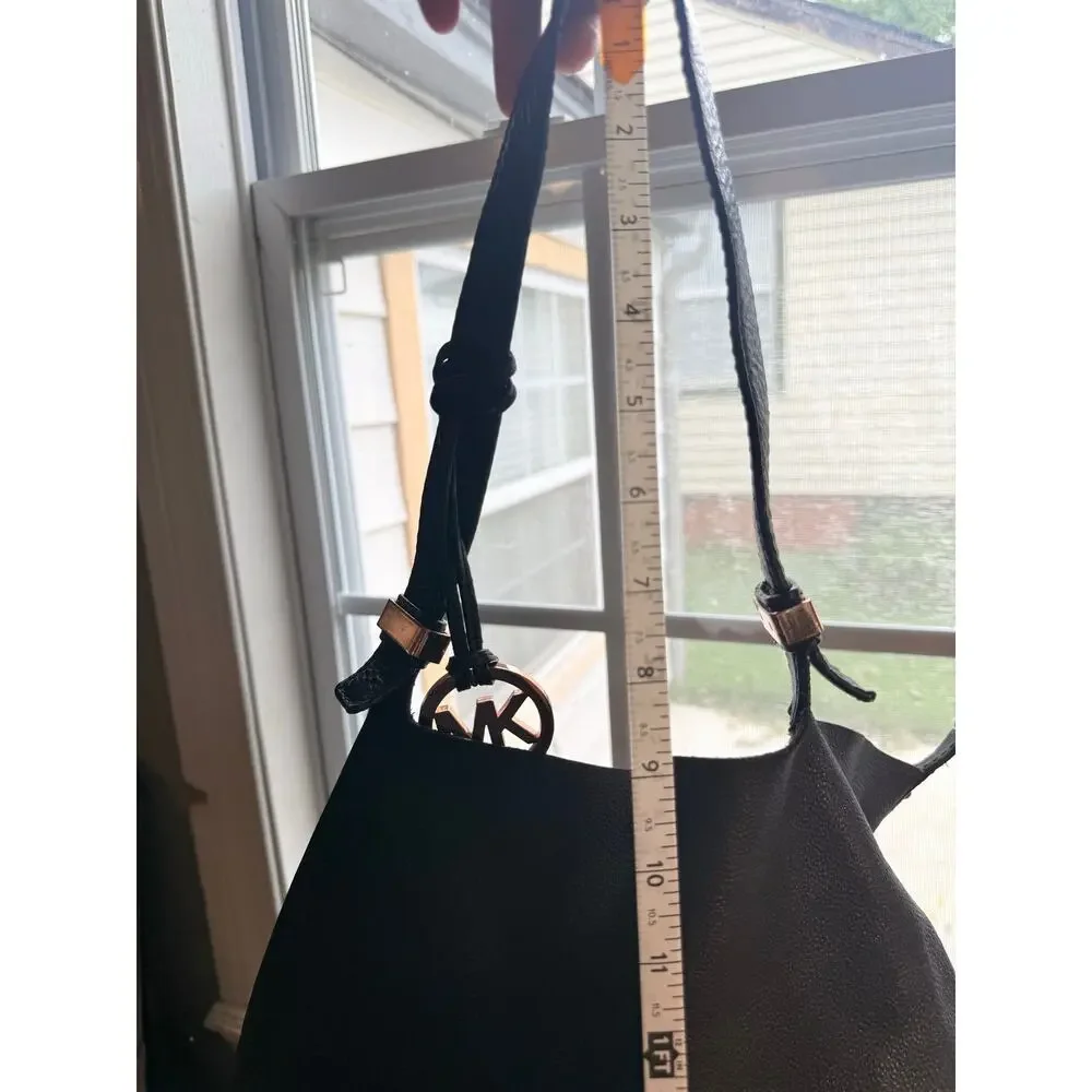 Michael Kors Black Pebbled Faux Leather Large Tote Shoulder Bag Gold MK Charm